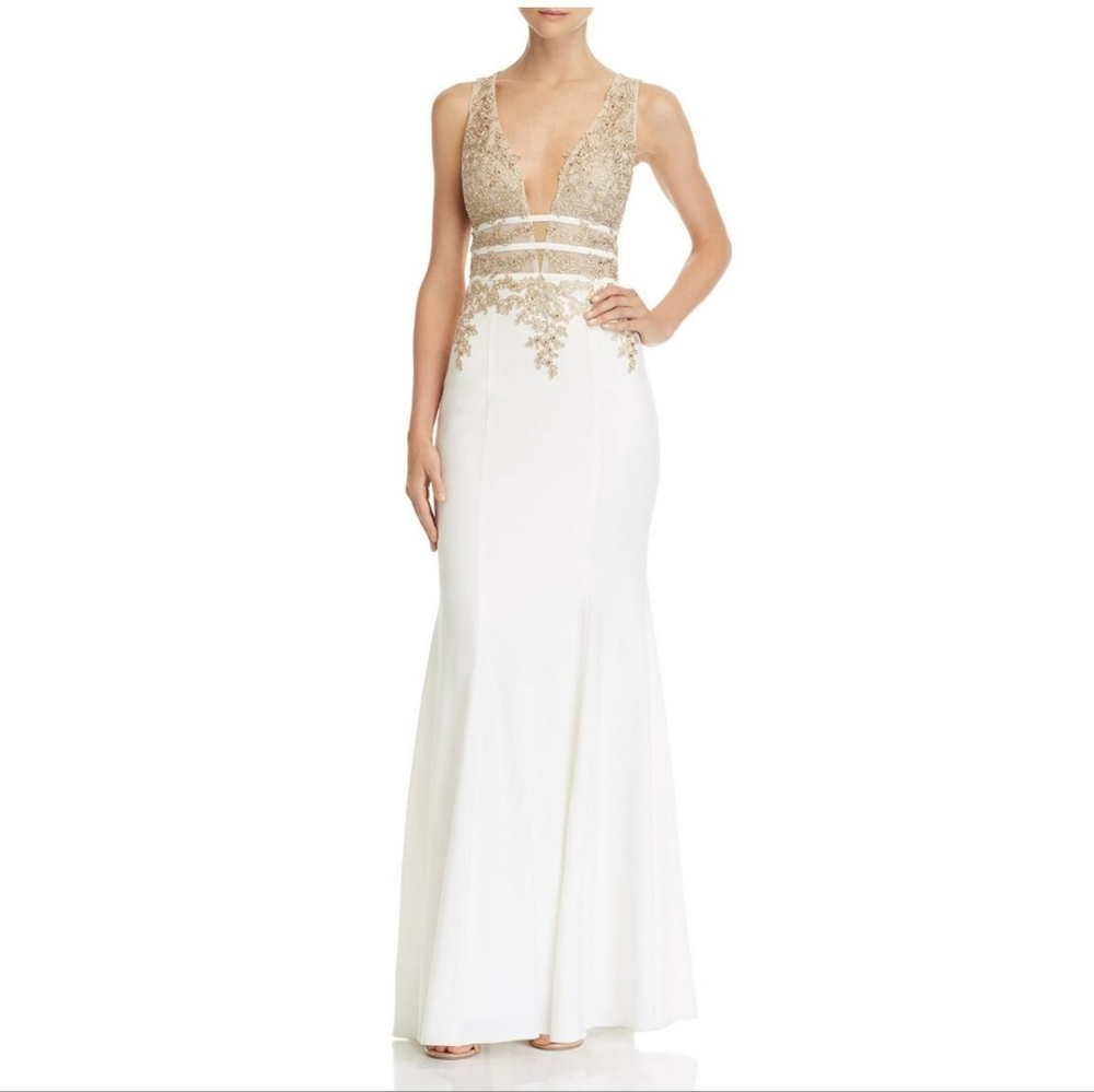 White Plunging Gold-Detail Full-Length Gown